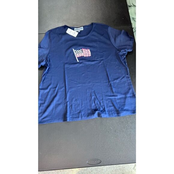 Karen Scott Womens Mixed Print Graphic Tee Intrepid Blue Flag Size 3X NWT P1-91 - Picture 1 of 12